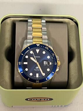 NIB Fossil FS6034 Blue Dive Two-Tone Steel 10ATM Waterproof Men’s Watch